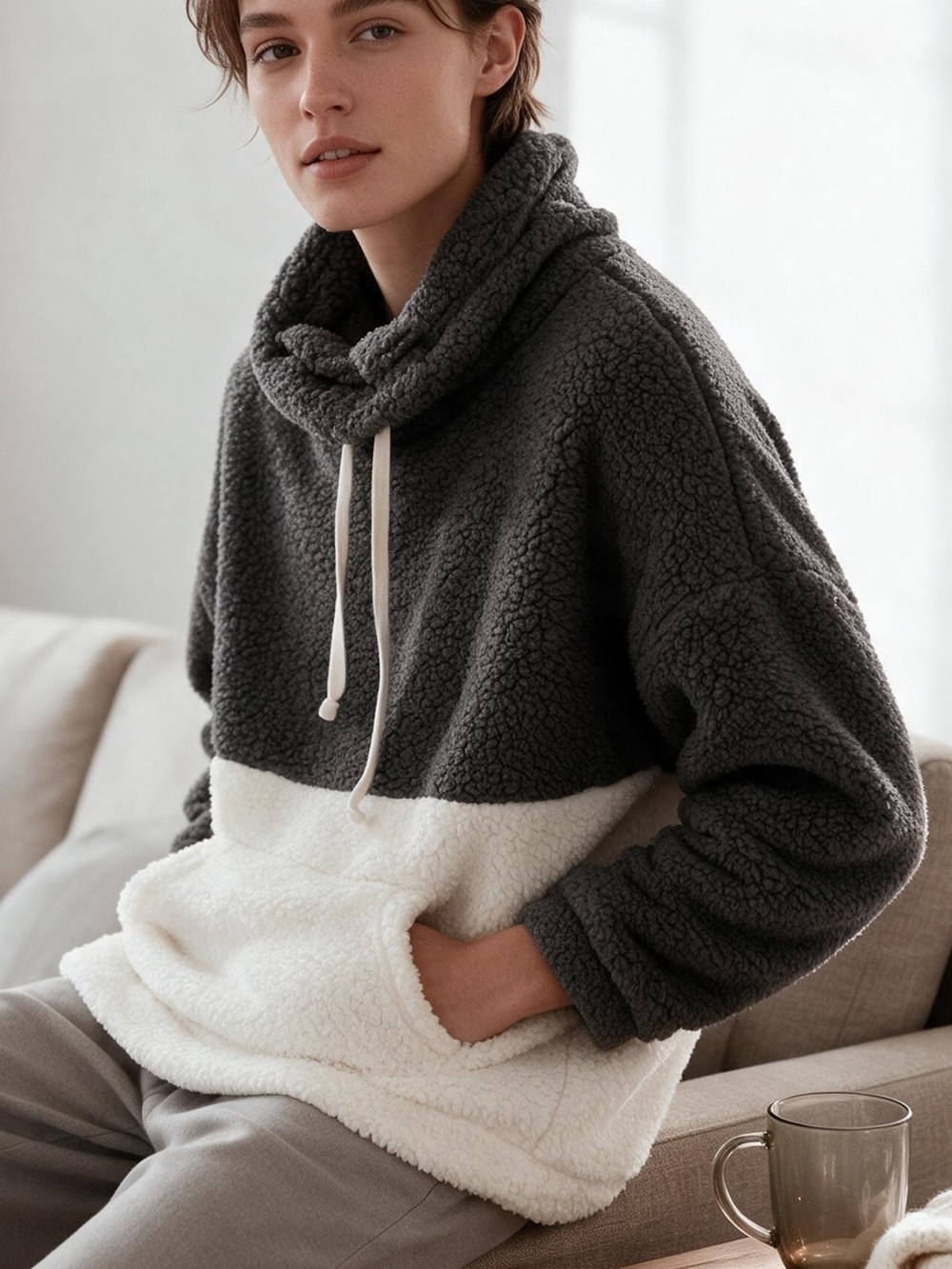 Fantastic Fawn Gray White Colorblock Cowl Neck Fleece Pullover Sweatshirt Small